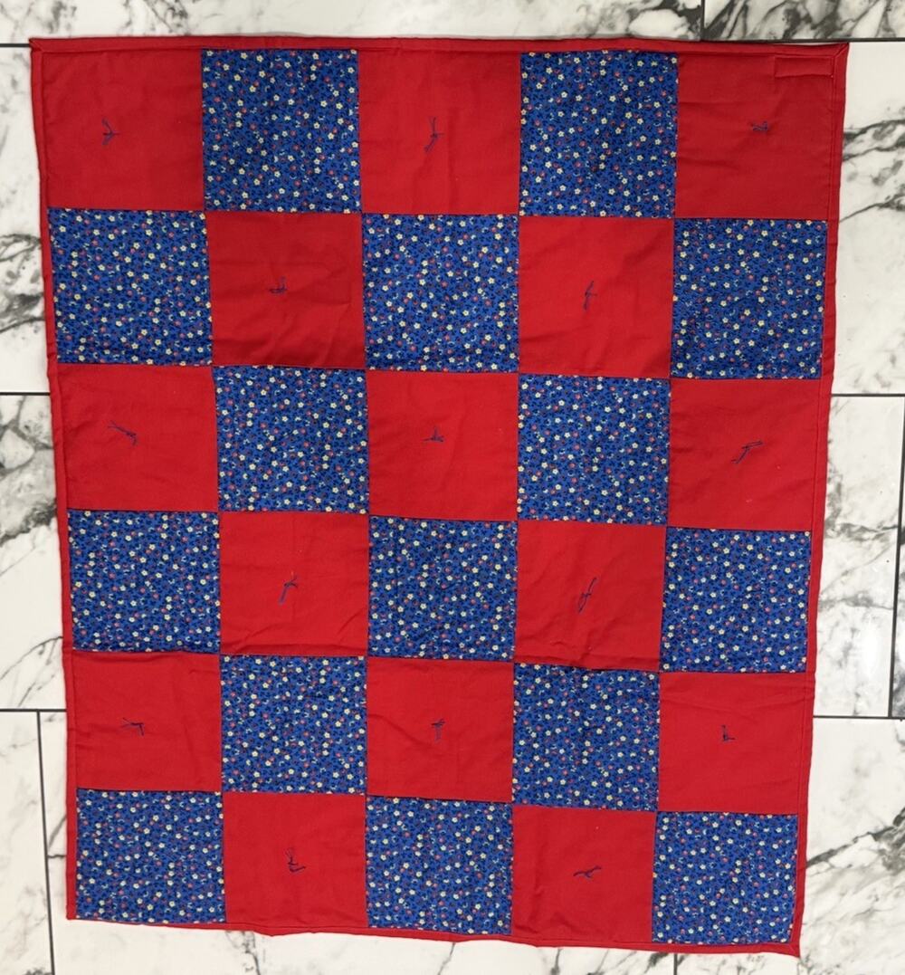 Handmade Piece-Makers Tied Quilt Red Blue Floral Baby Lap Throw Americana 44x37